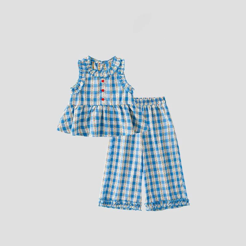 2025夏季新款女童时尚洋气格子两件套儿童无袖网红套装