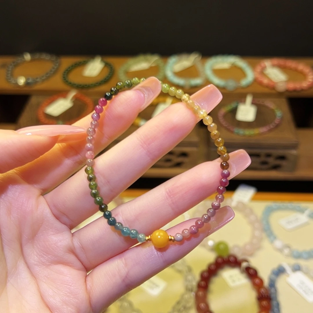 水晶手串银S925镀金镶嵌碧玺1341