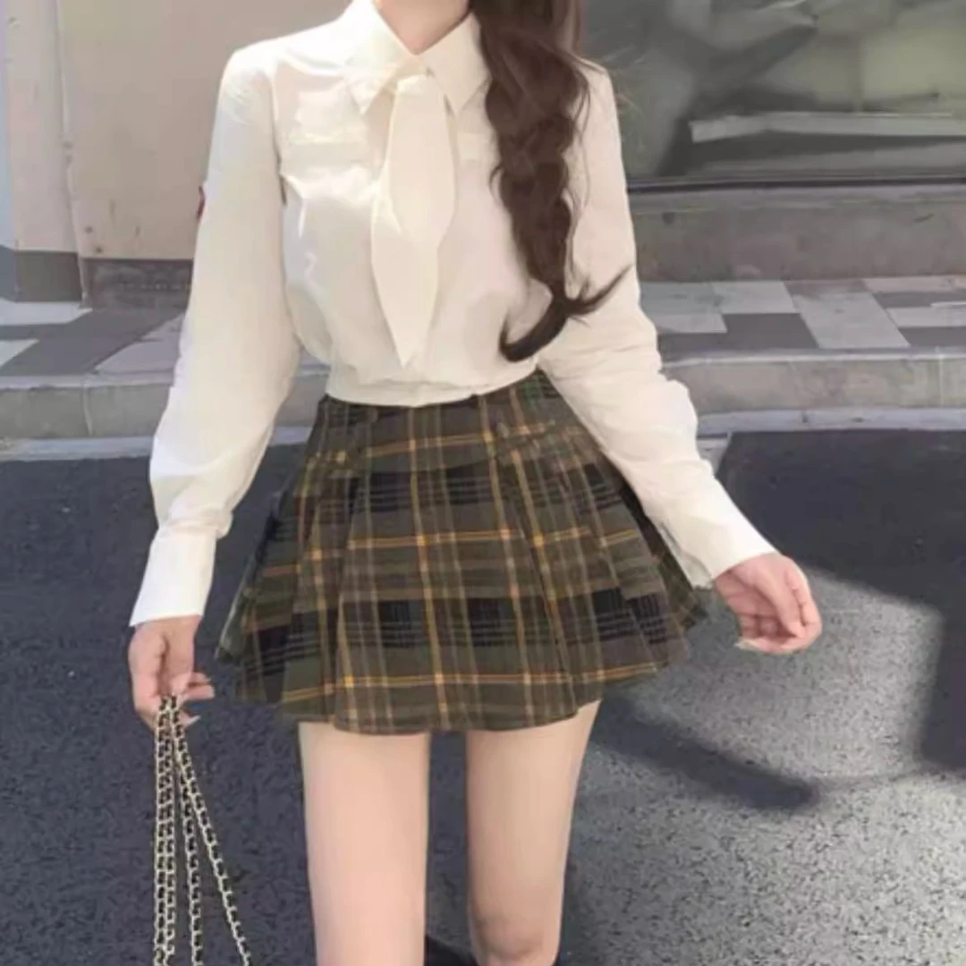 法式学院风蝴蝶结气质长袖衬衫女秋装新款气质休闲格子百褶裙套装