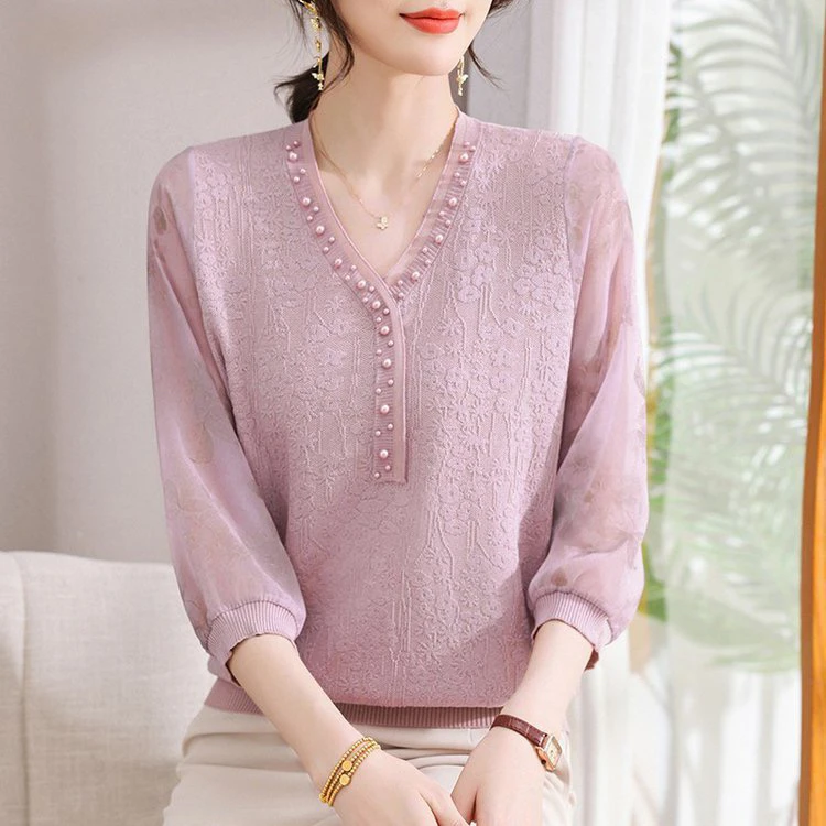 妈妈春装新款针织小衫洋气高贵中老年女装春夏薄款纱袖打底衫8956