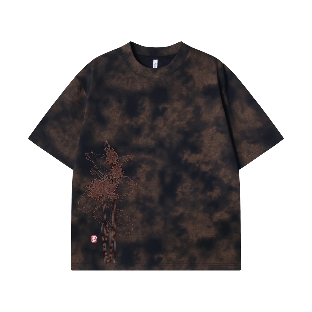 夏季高级感新款晕染花卉刺绣圆领短袖T恤复古宽松国潮套头上衣
