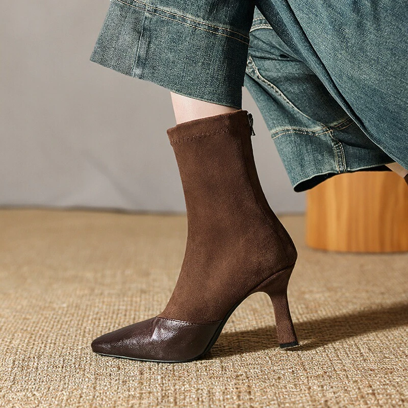 7cm复古棕色方头粗跟短靴女2025新款真皮弹力后拉链瘦瘦靴及踝靴