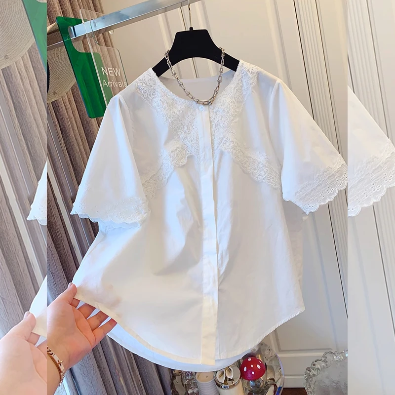 甜美蕾丝花边拼接宽松大码新中式衬衫夏季宽松显瘦高级感百搭上衣