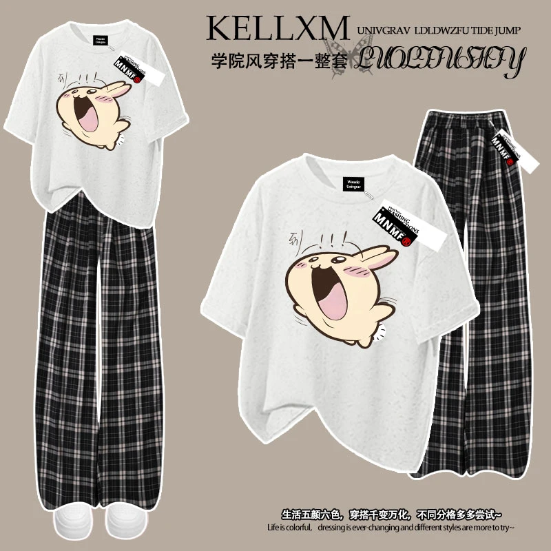 可爱吉伊卡哇印花女童夏季纯棉扎染短袖T恤格子长裤中大童套装潮