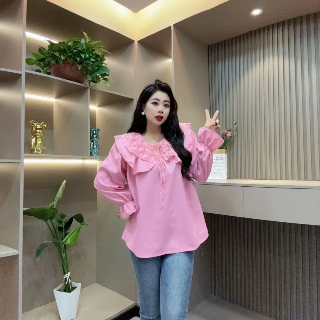 春季洋气衬衫-甜 3626蕾丝印花边潮流时尚显瘦款胖MM大码女装新款