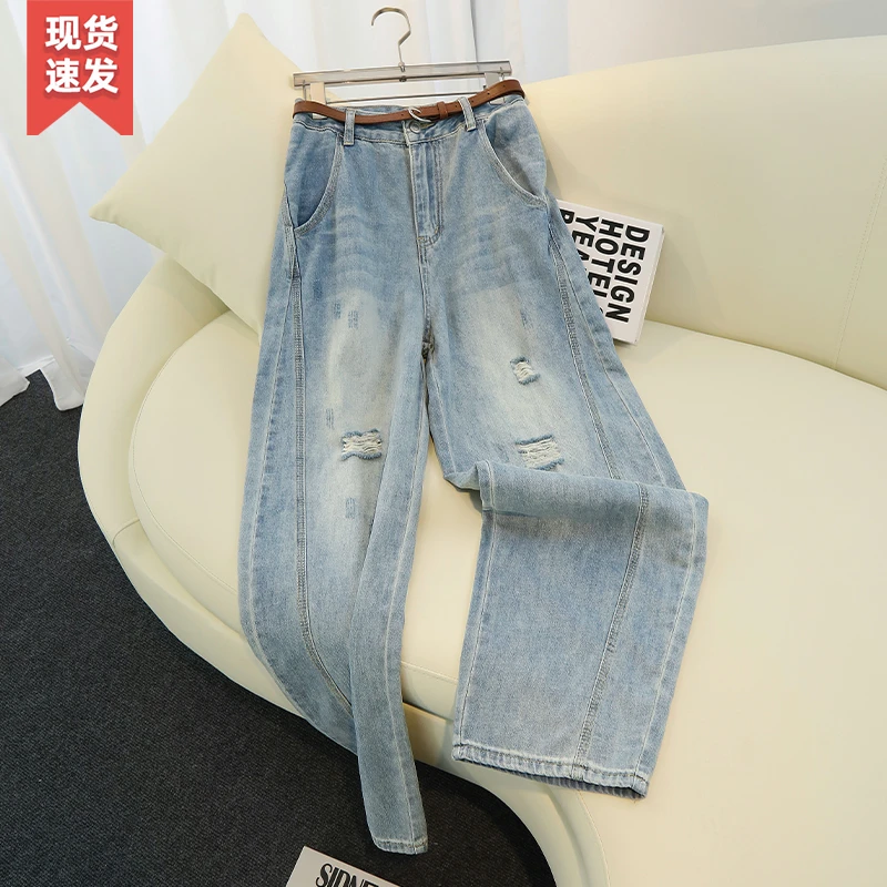 浅色破洞弯刀牛仔裤女夏季爆款2025新款流行网红女士通勤阔腿裤子