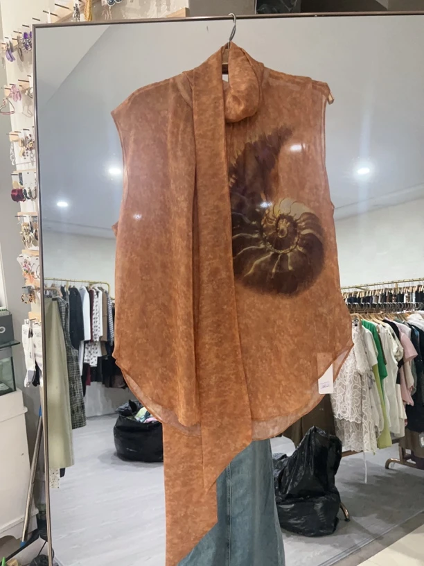 不退特价看准拍棕褐色无袖上衣独特海螺印花长飘带设计丝带可拆卸