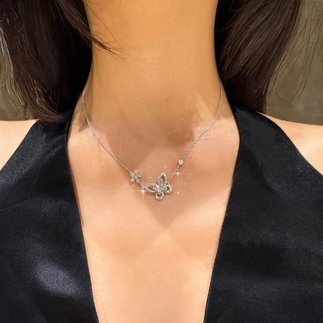 QANNA【满钻两只蝴蝶】【重金大钻】轻奢时尚百搭鱼钩扣钻石项链BT