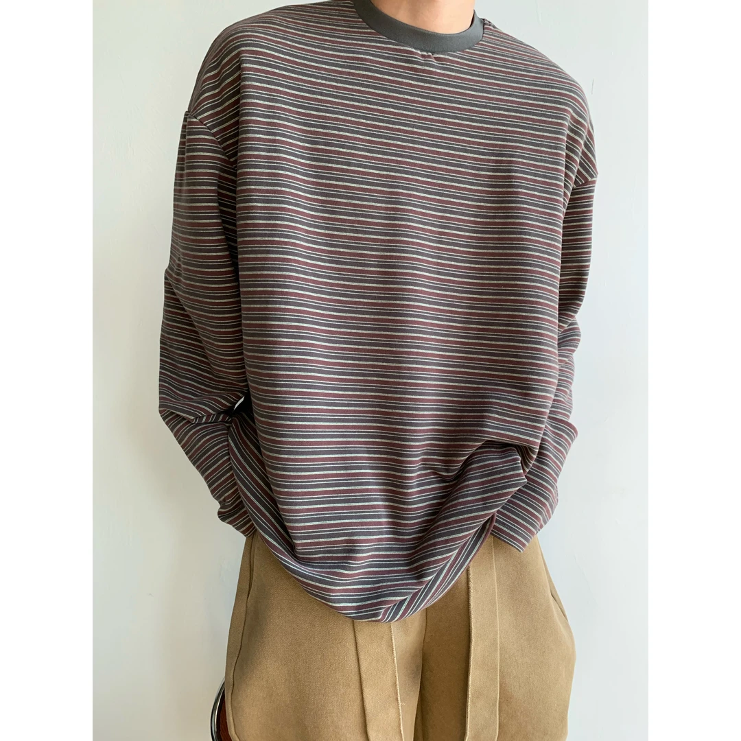 dannyandzee春季复古软糯绒感慵懒条纹大版型小领口落肩卫衣SW683