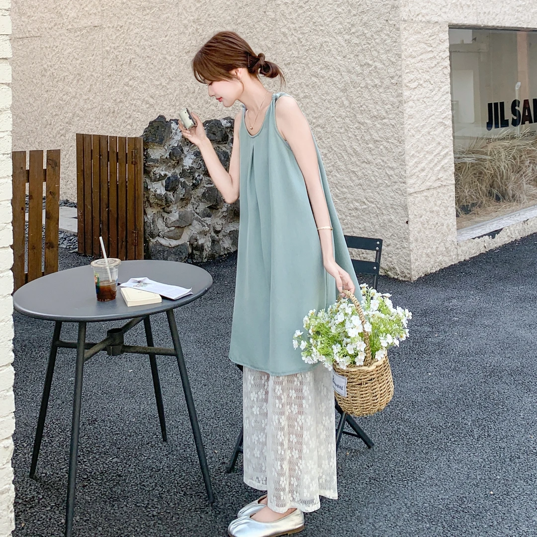 韩系巨好看的叠穿吊带裙套装女夏季2025新款镂空蕾丝阔腿裤两件套