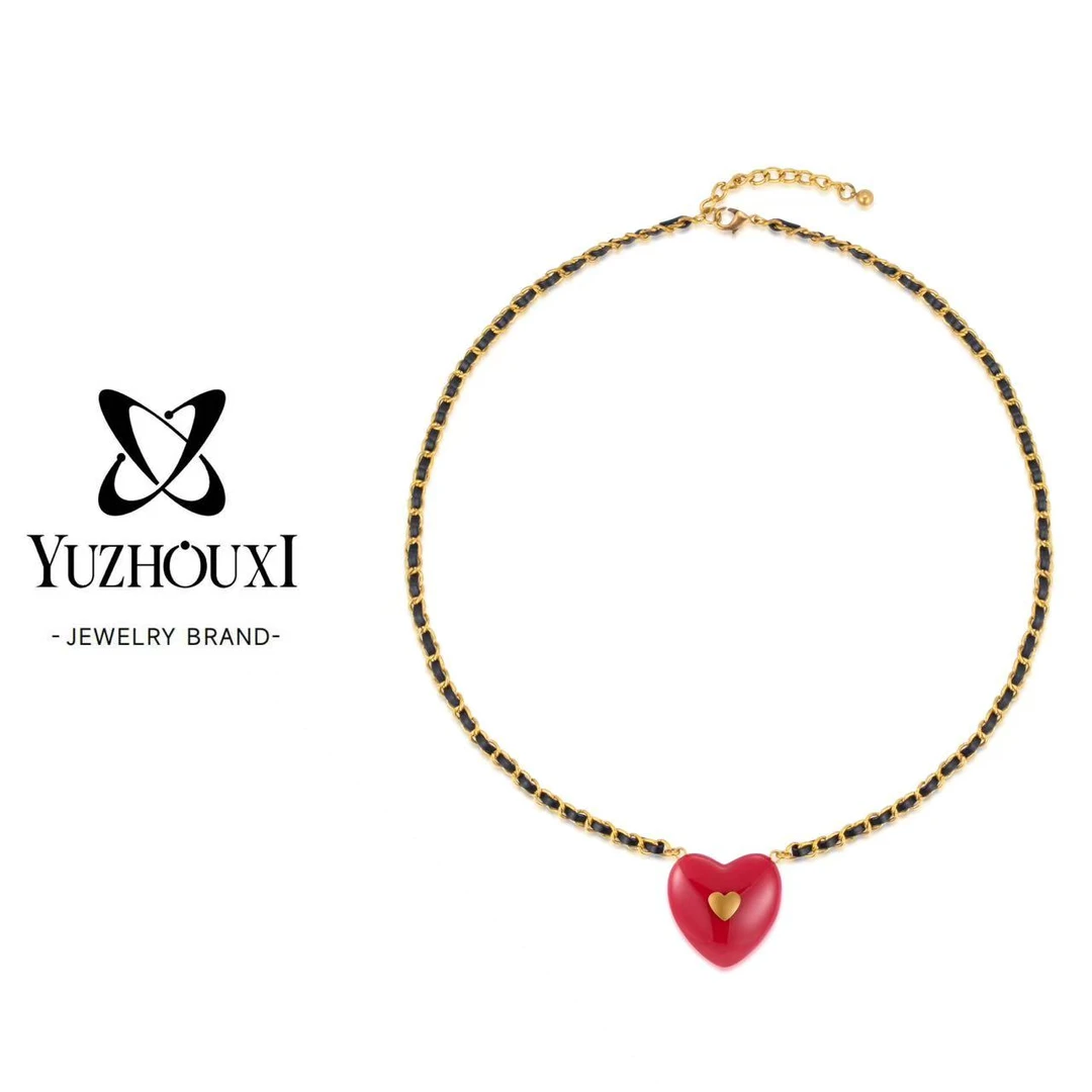 黄铜皮质项链 G3-064【穿皮金色亚克力爱心项链毛衣链】红色爱心