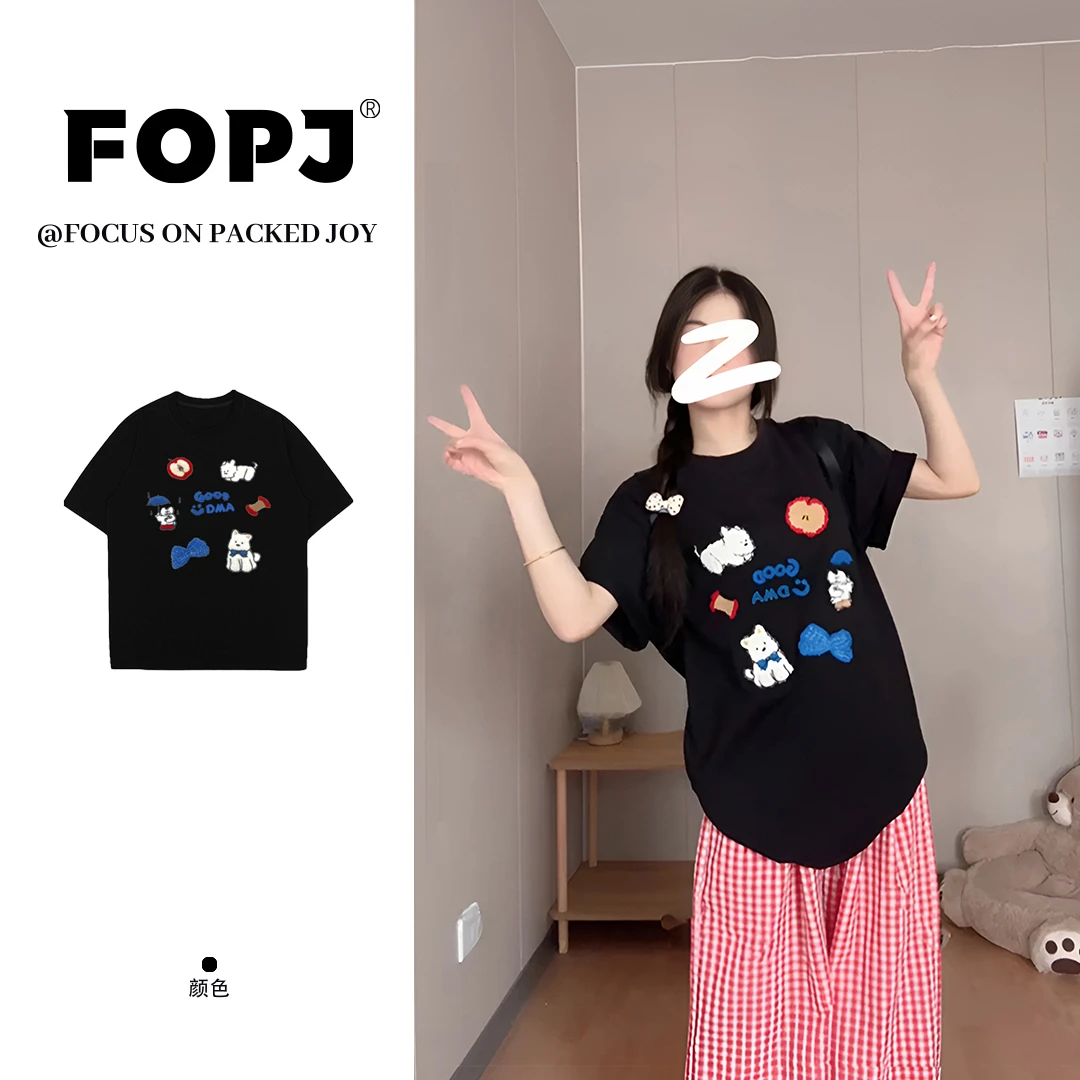 FOPJ韩系时尚百搭短袖t恤女夏新款卡通印花宽松休闲圆领半袖上衣