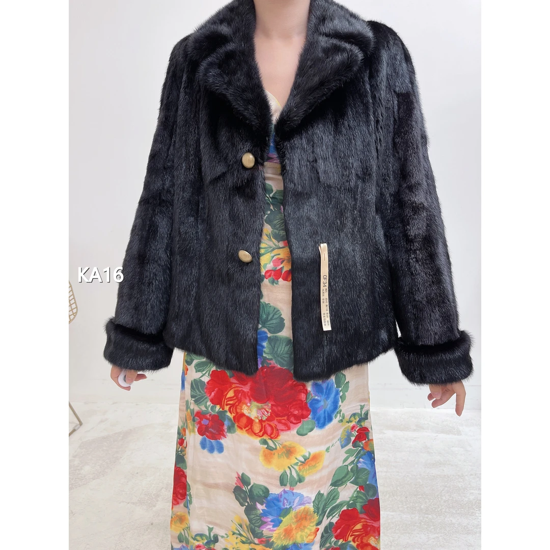 【KA16】L 纯黑色超短款全抽貂皮大衣（肩42胸108衣58袖58）25016