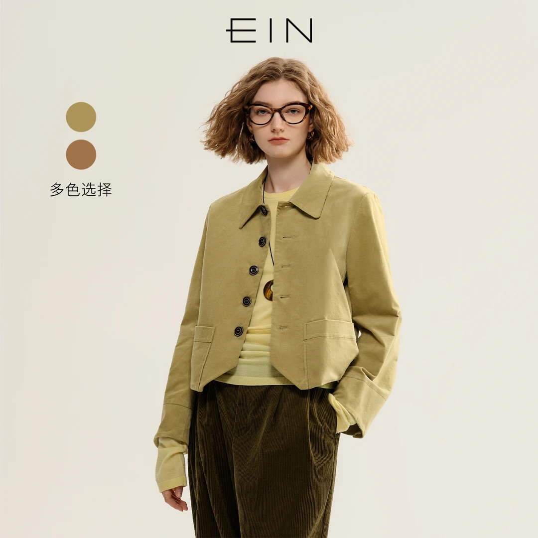 EIN/言【商场同款】灯芯绒翻领截短外套女橄榄绿2025秋