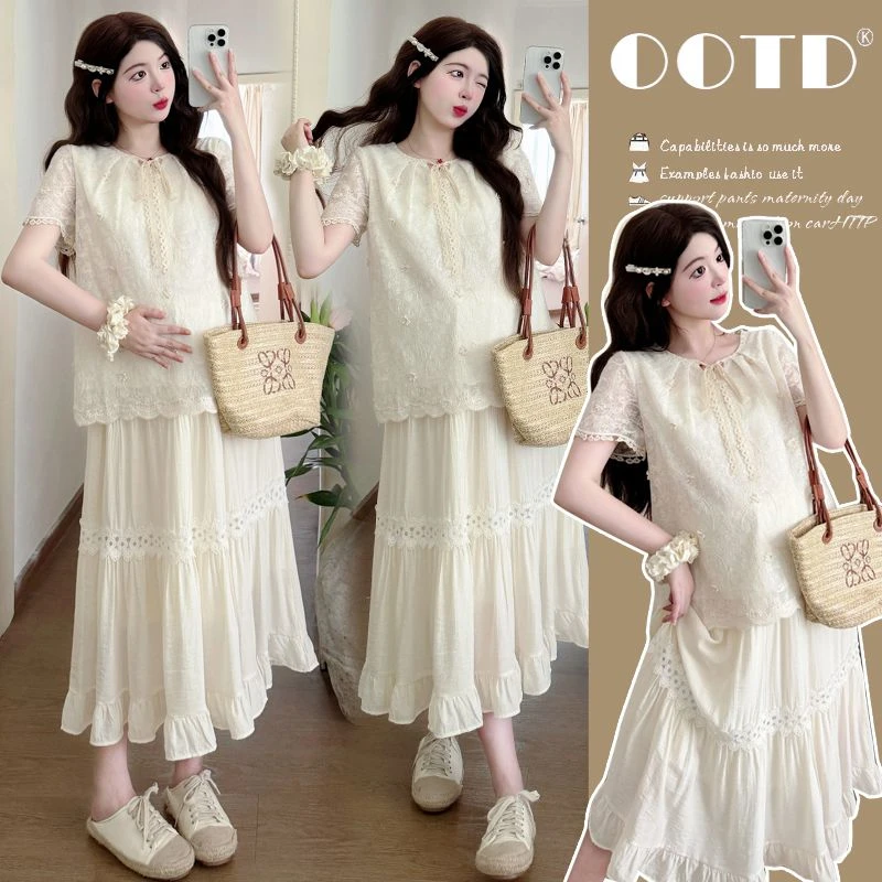 【枫丽】2025夏季新款孕妇韩版时尚刺绣设计感短袖上衣半身裙套装