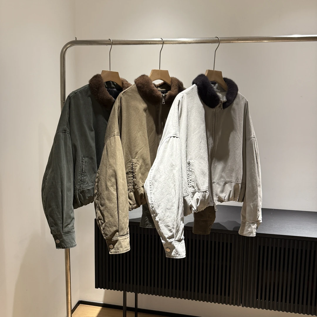 巴恩风韩国复古牛仔进口水貂毛领鹅绒服皮草羽绒服宽松短款外套女