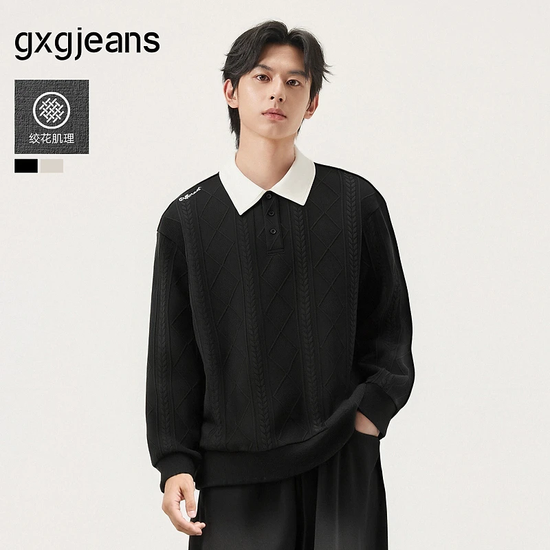 gxg.jeans男装 多色肌理面料撞色休闲翻领卫衣男生上衣 25秋新品