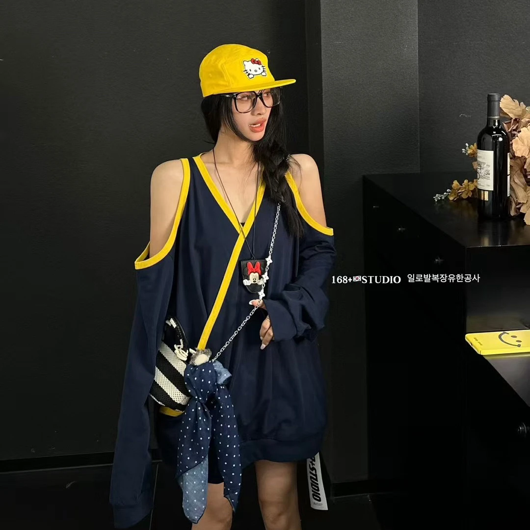 拼接撞色套头卫衣女2025新款爆款宽松大码中长款洋气时尚露肩上衣