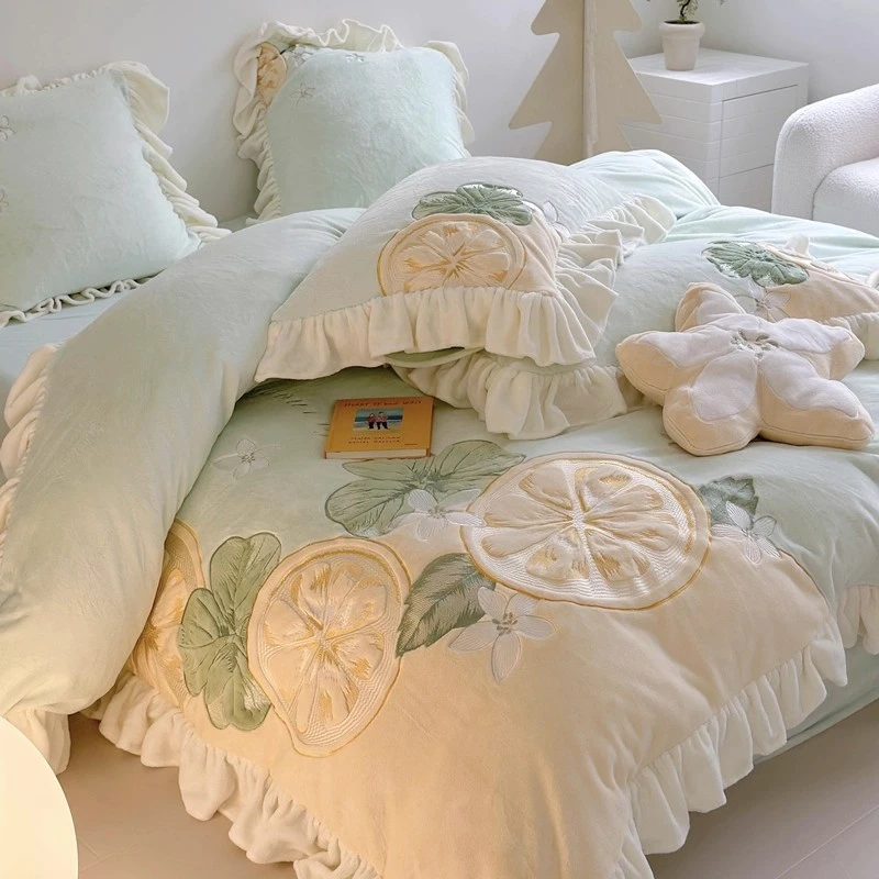 ins小清新贴布绣秋冬保暖牛奶绒床上四件套加厚被套罩珊瑚绒床单4