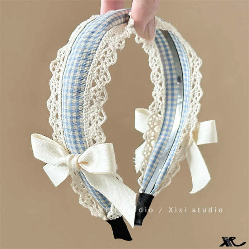 格纹蓝色可爱头箍蕾丝百搭发饰头饰夏季小众蝴蝶结发箍洛丽塔发箍