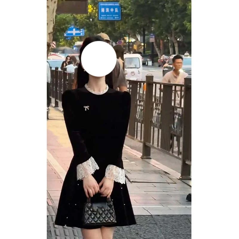 【V】法式名媛气质长袖连衣裙女收腰显瘦a字短裙2025年秋冬裙DM0263