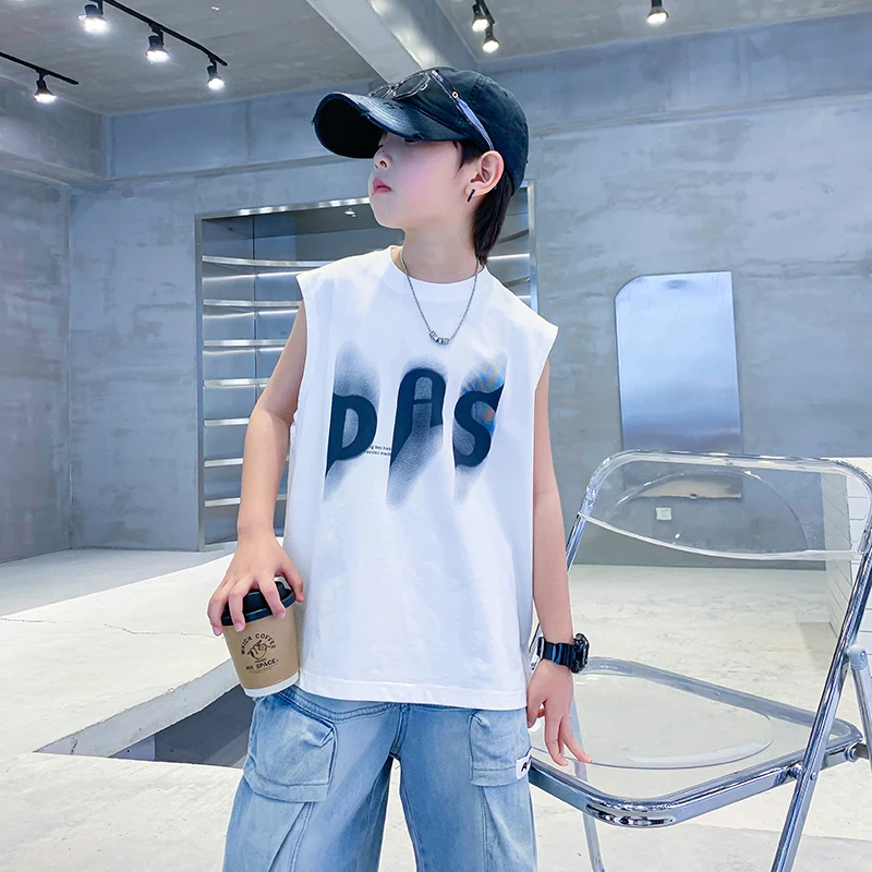 男童夏季韩范运动背心白t恤2025新款男孩夏装宽松酷帅K242TX4542