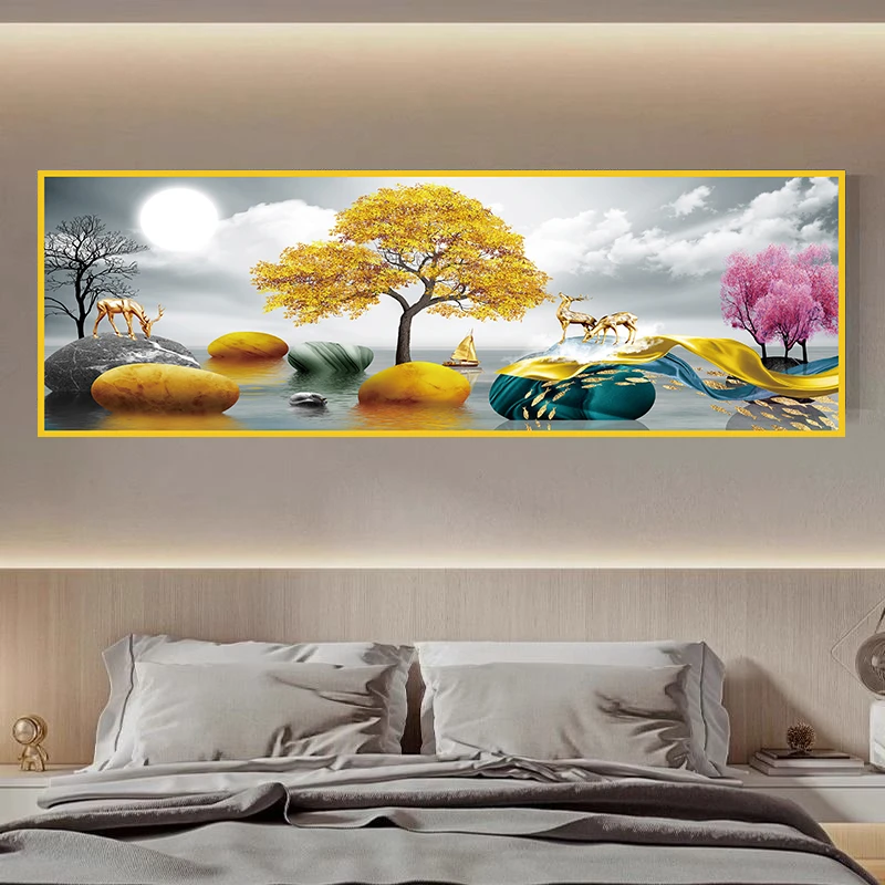 【金鹿迎福】免打孔自粘卧室挂画背靠贴画加厚防水高雅大气