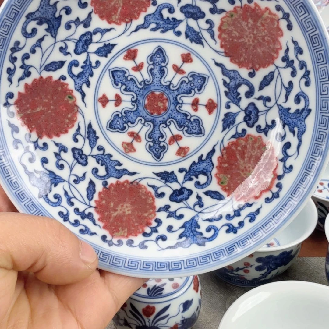 陶摆件青花釉里红壶承