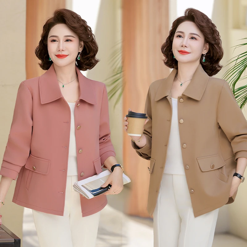 妈妈春秋新款小夹克中年女士百搭上衣中老年女装休闲宽松减龄外套