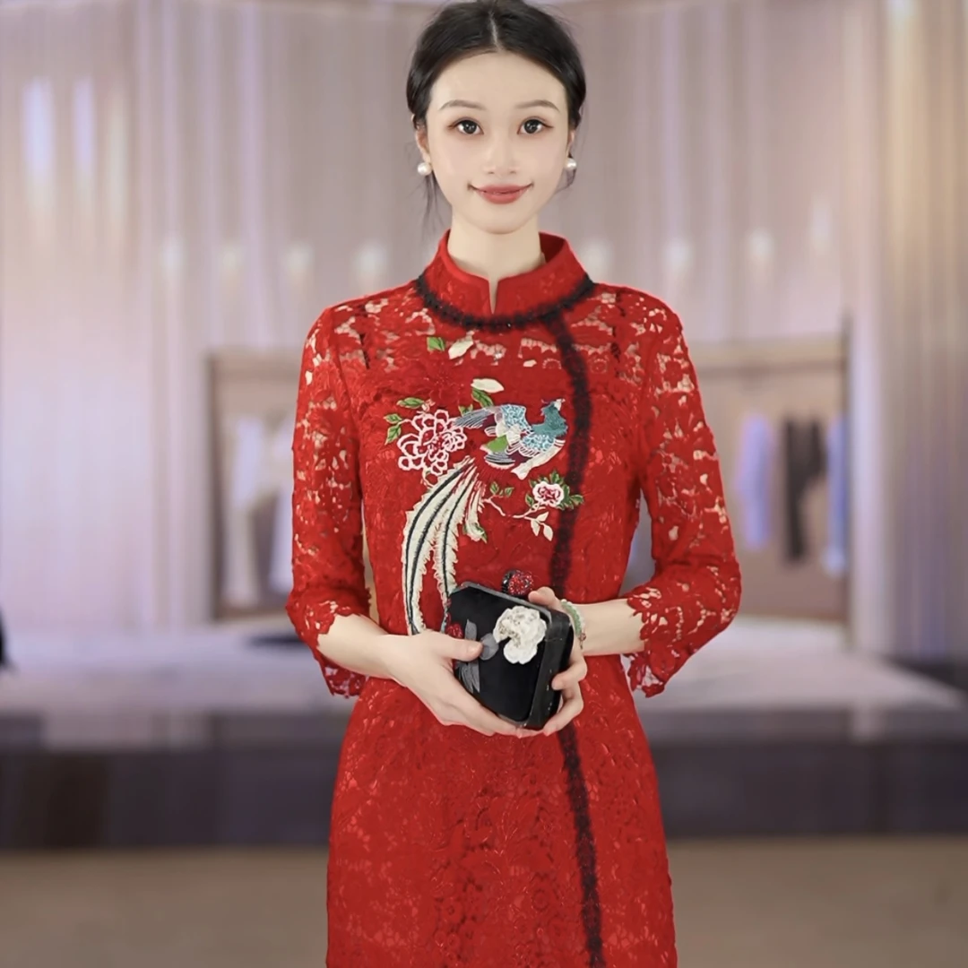 SUSSI/古色25夏商场同款酒红色红色蕾丝S型连衣裙
