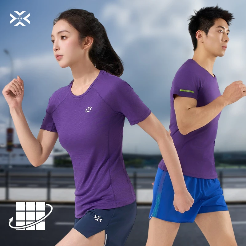 有为者男女款呼吸方格圆领速干短袖轻薄吸汗T恤透气跑步服动感风