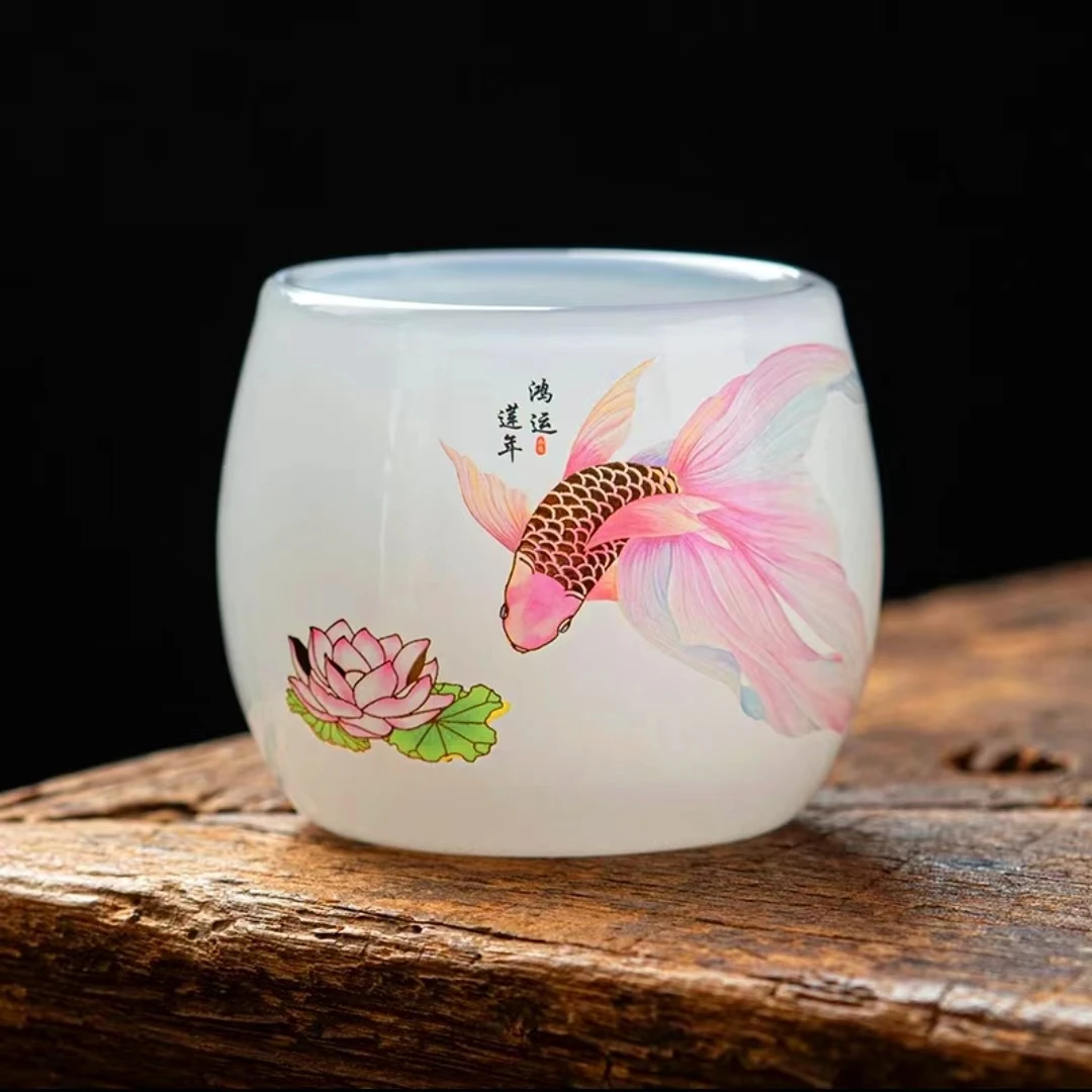 如鱼得水琉璃主人杯茶杯品茗杯手绘陶瓷手工白瓷禅定杯D514