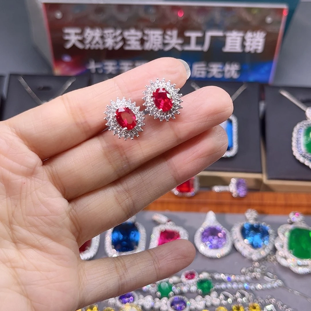 银S925镶嵌耳饰红宝石259