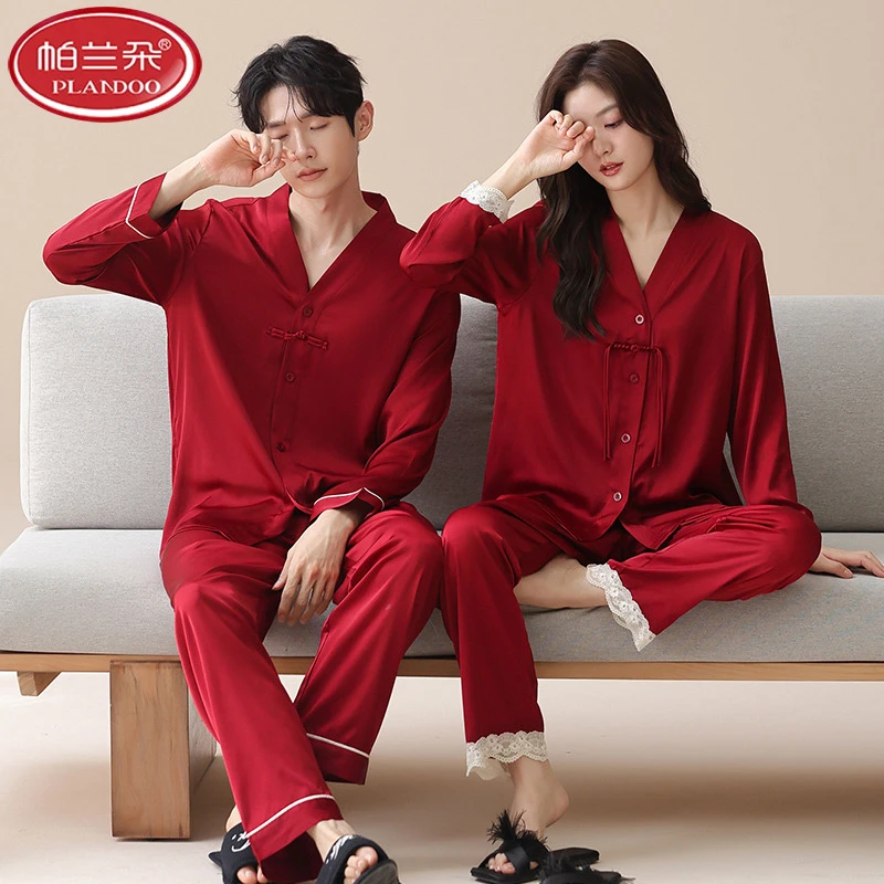 帕兰朵冰丝情侣睡衣女春秋款红色本命年结婚套装男士家居服结婚喜