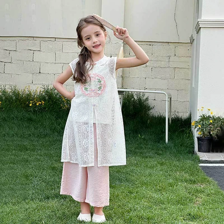 【新中式提花•国风蕾丝套装】女童夏季新款汉服旗袍裙阔腿裤两件套