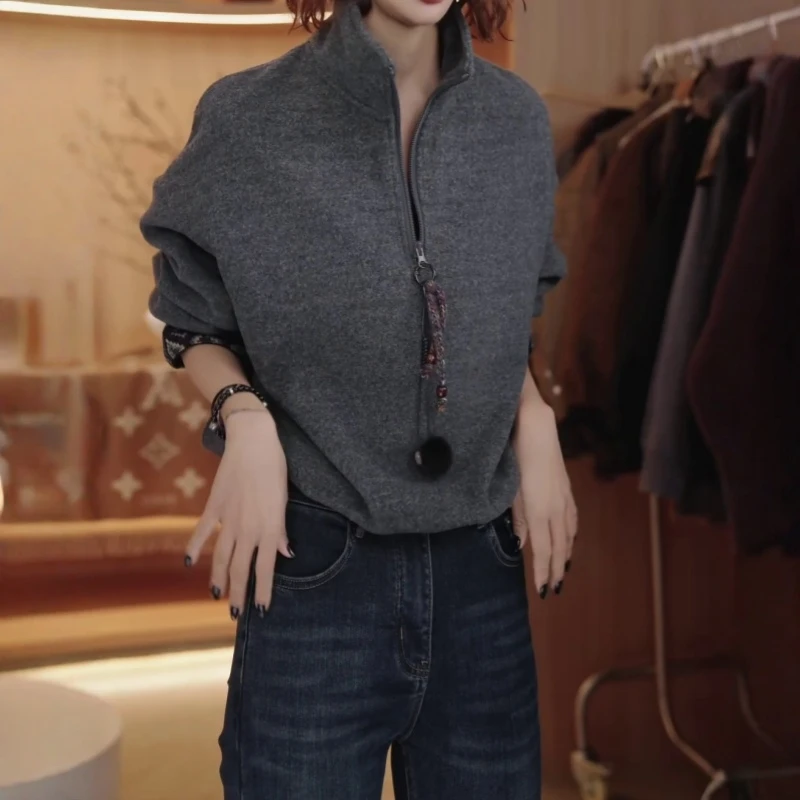 设计感半拉链立领短款卫衣女2025秋冬款时尚气质休闲百搭加厚上衣