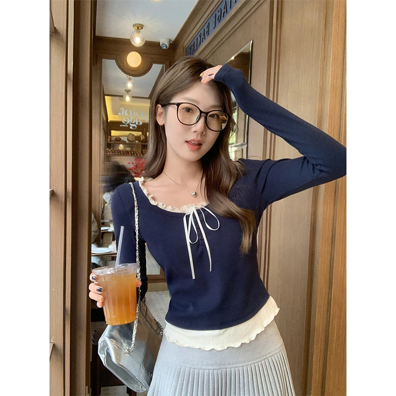 甜辣假两件长袖t恤女正肩秋冬木耳边设计感修身小众上衣