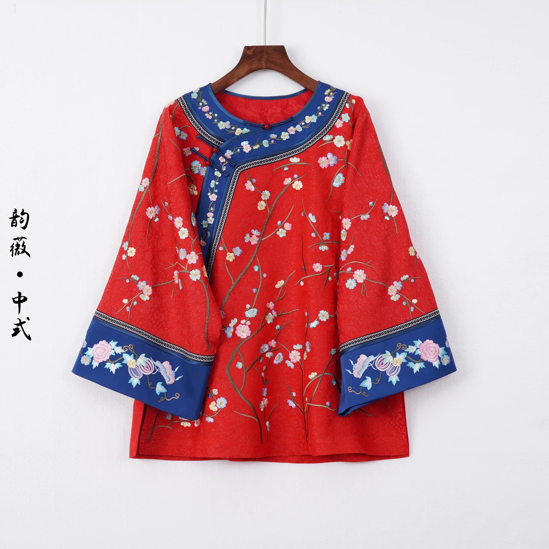 刺绣中长款中式常规款薄款长袖上衣中国风圆领复古10090