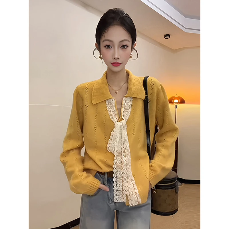 大码设计感气质针织开衫女秋季新款胖妹妹宽松显瘦蝴蝶结系带上衣