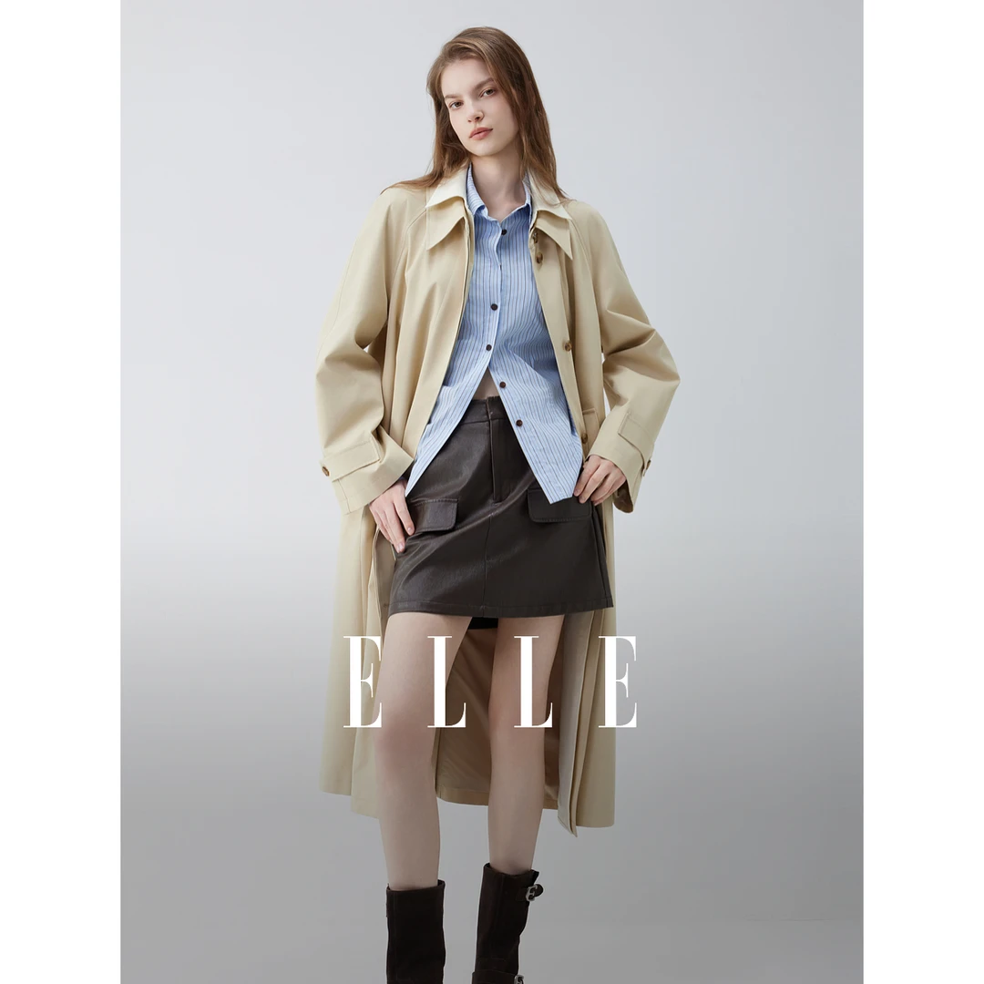 ELLE女装假两件长款风衣2025秋季新款翻领廓形通勤外套ED52644