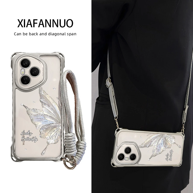 适用荣耀400pro手机壳带挂绳斜挎华为honor300保护壳硅胶软壳蝴蝶