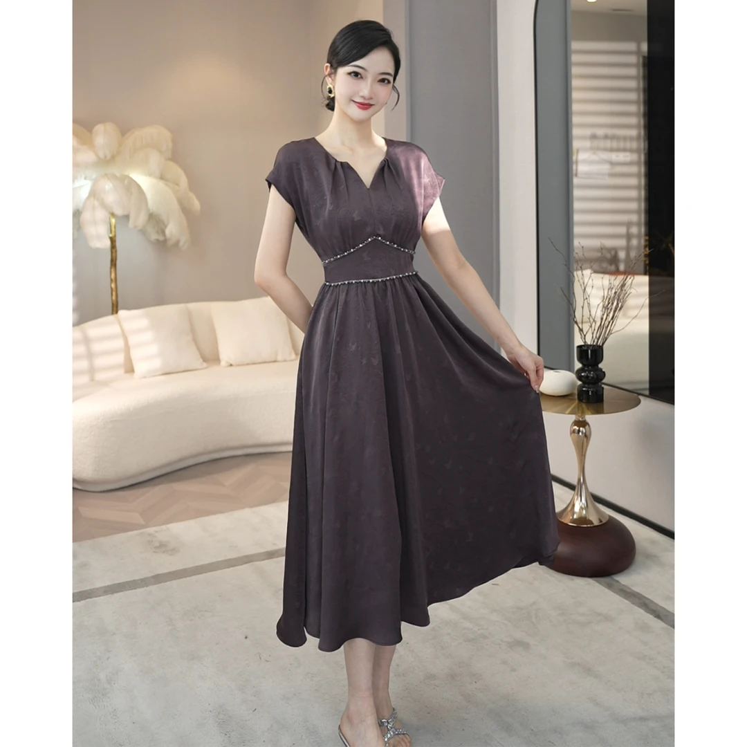 现货2025夏季新款【R-X08】轻奢时尚优雅印花收腰显瘦小众V领连衣裙