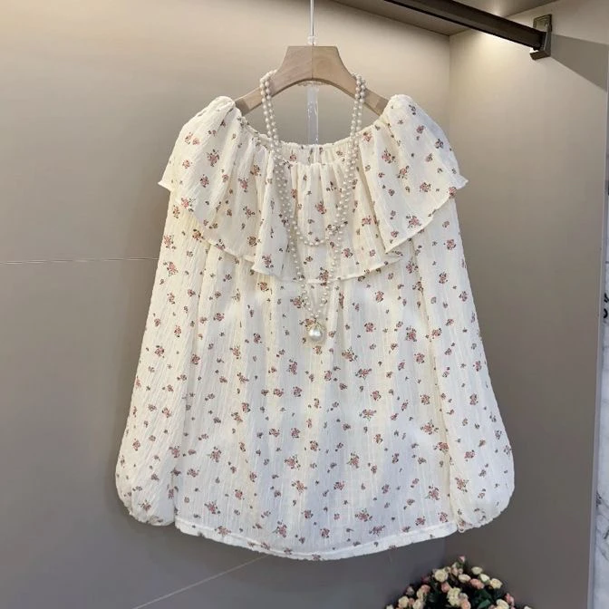 早春新款一字领碎花荷叶雪纺衫气质宽松减龄上衣