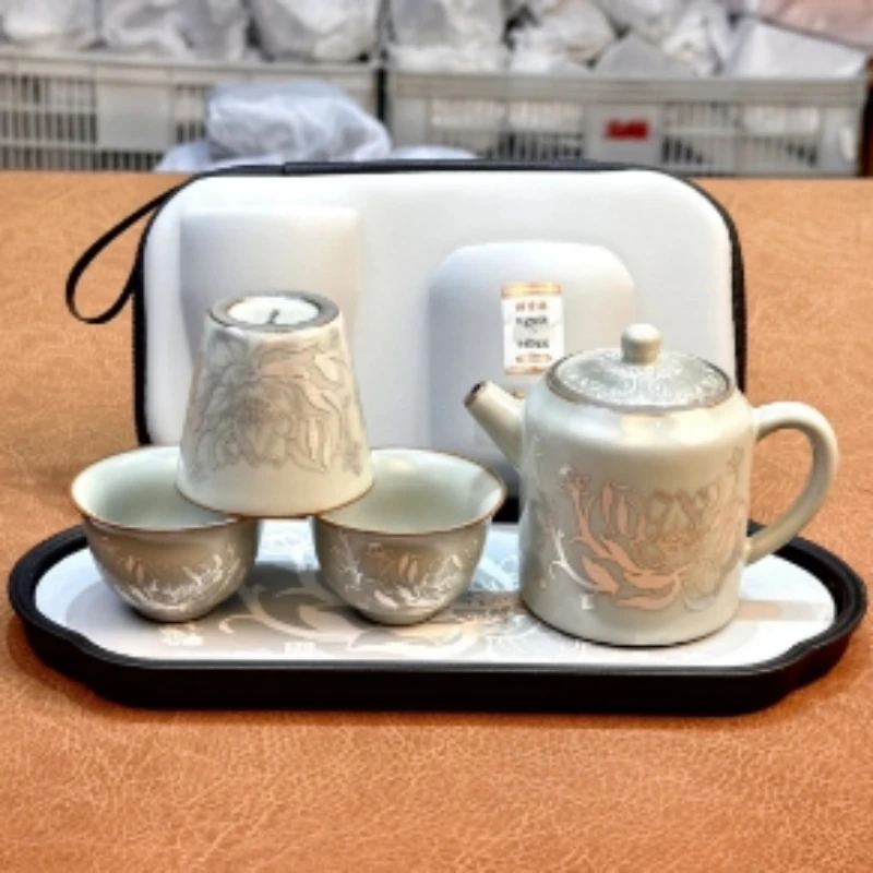 掐丝银莲花一壶三杯旅行套+莲花干泡茶盘KZH0060