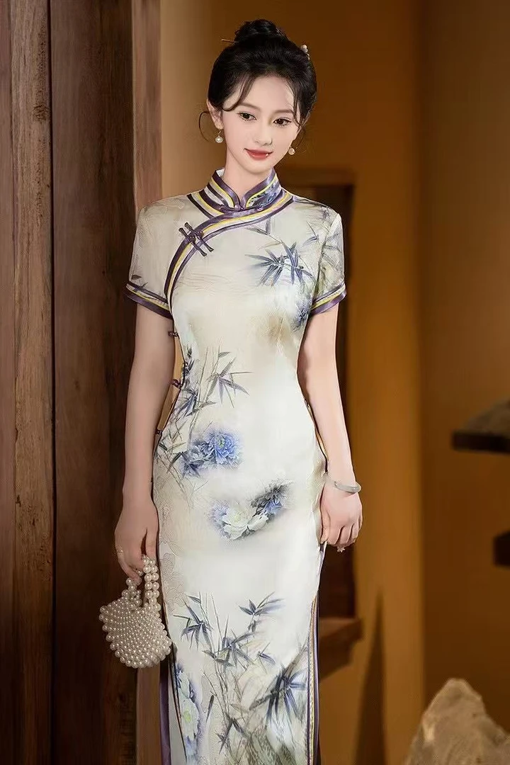 【清宛】常规款提花长款旗袍新中式长旗袍复古印花日常旗袍裙