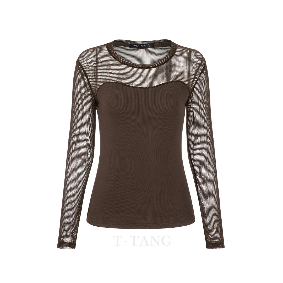 FL时尚亲肤舒适网纱高弹撞色拼接圆领时尚修身打底衫【2398】