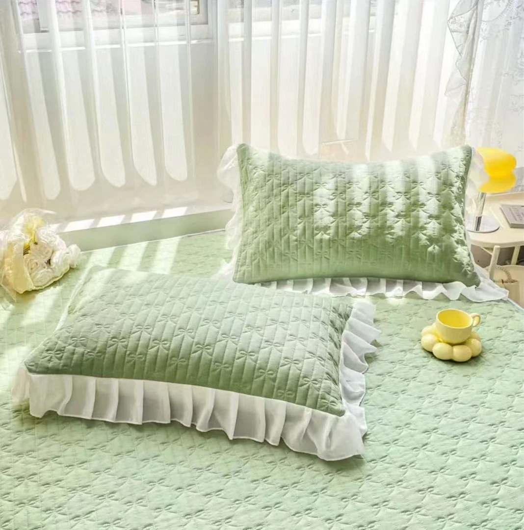 【同款枕套】夏季凉感丝柔滑蕾丝边枕套蝴蝶结系列【薄荷绿】-S