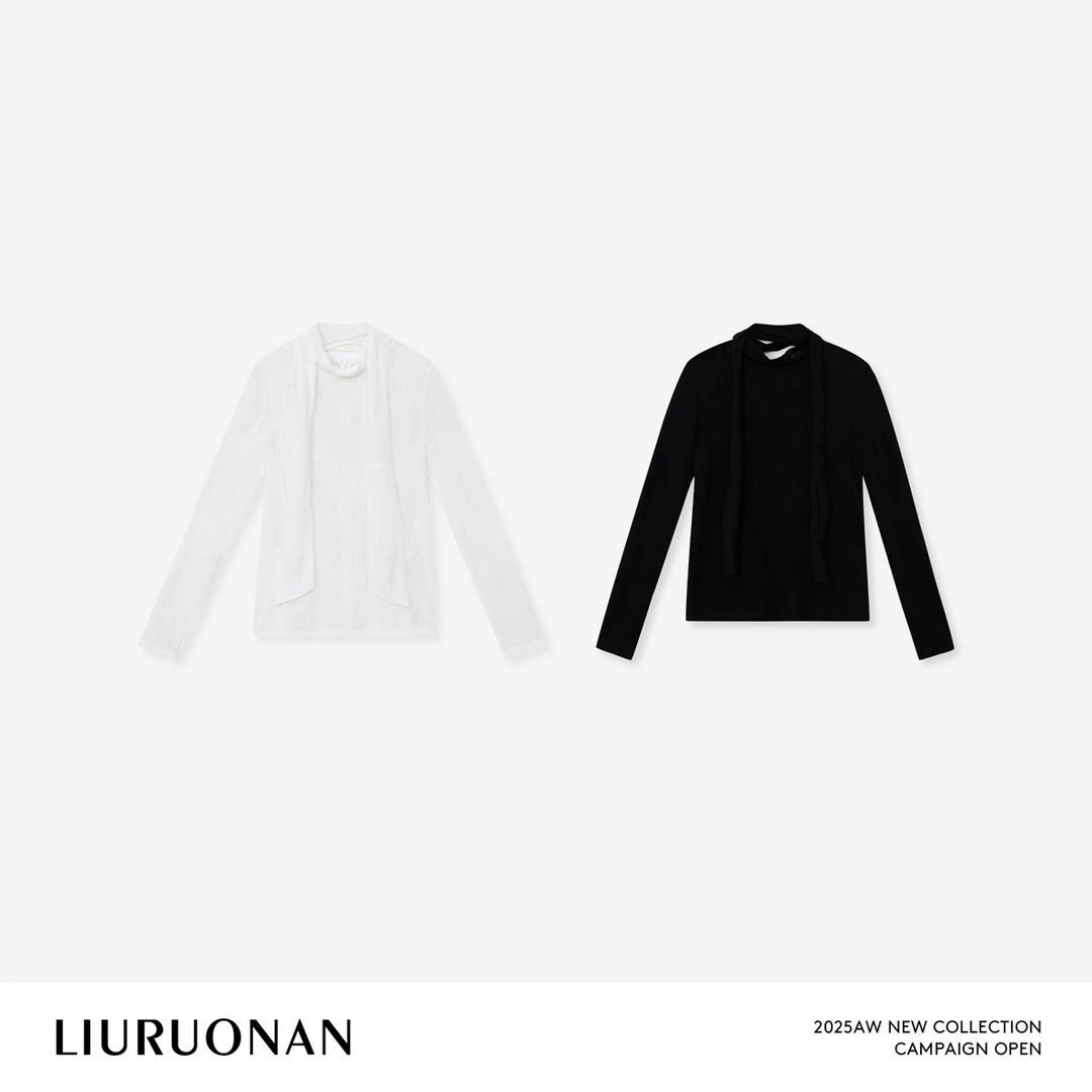 LIURUONAN 25FL【宣纸花】极简风肌理感围巾领长袖T恤秋季薄款上衣