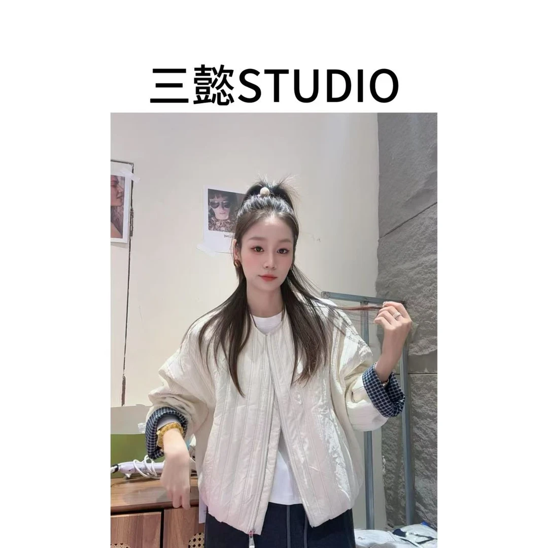 【三懿服饰】秋冬新款立体肌理感棒球服显瘦百搭拉链拼色棉服55042