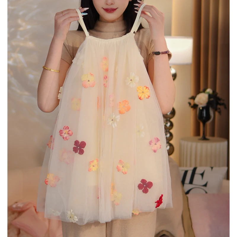 女童2025连衣裙新款时尚杏色仙气花朵纱裙清爽透气吊带裙女孩外出